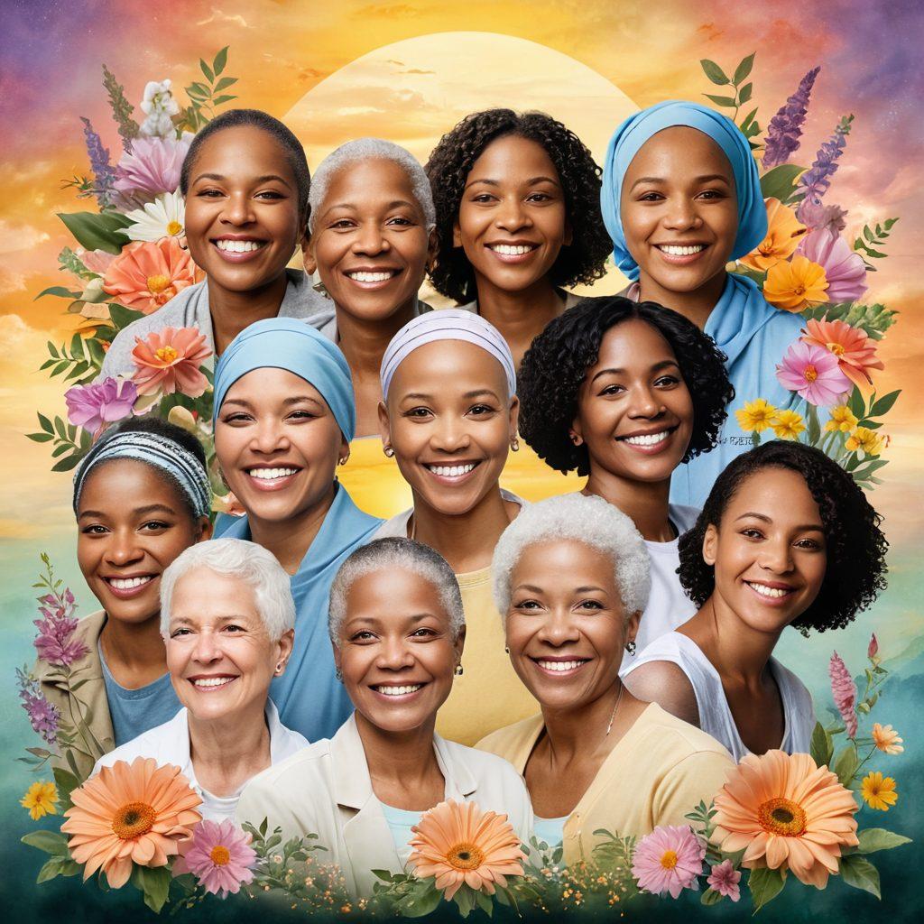 A powerful collage showcasing diverse cancer survivors sharing their stories, with radiant smiles, embracing their journeys of strength and resilience. In the background, healing imagery like blooming flowers and a sunrise symbolizes hope. Incorporate motivational quotes subtly blended into the design, evoking an emotional connection. warm tones, soft lighting, uplifting atmosphere.