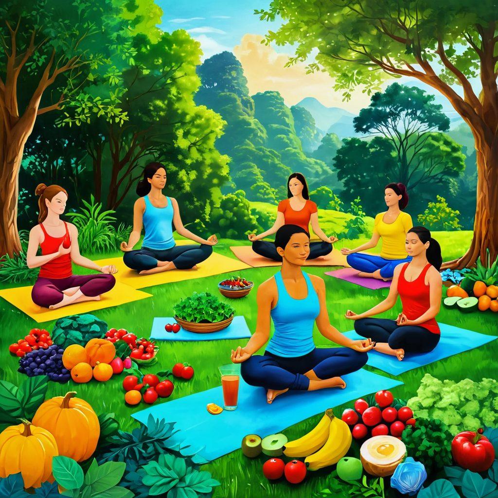 A vibrant scene depicting a diverse group of people engaged in wellness activities, such as cooking healthy meals, practicing yoga, and meditating in nature. Surround them with fresh fruits, vegetables, and serene green landscapes to represent nutrition and mental health. Incorporate uplifting colors like greens, yellows, and soft blues to reflect empowerment and positivity. super-realistic. vibrant colors. peaceful background.