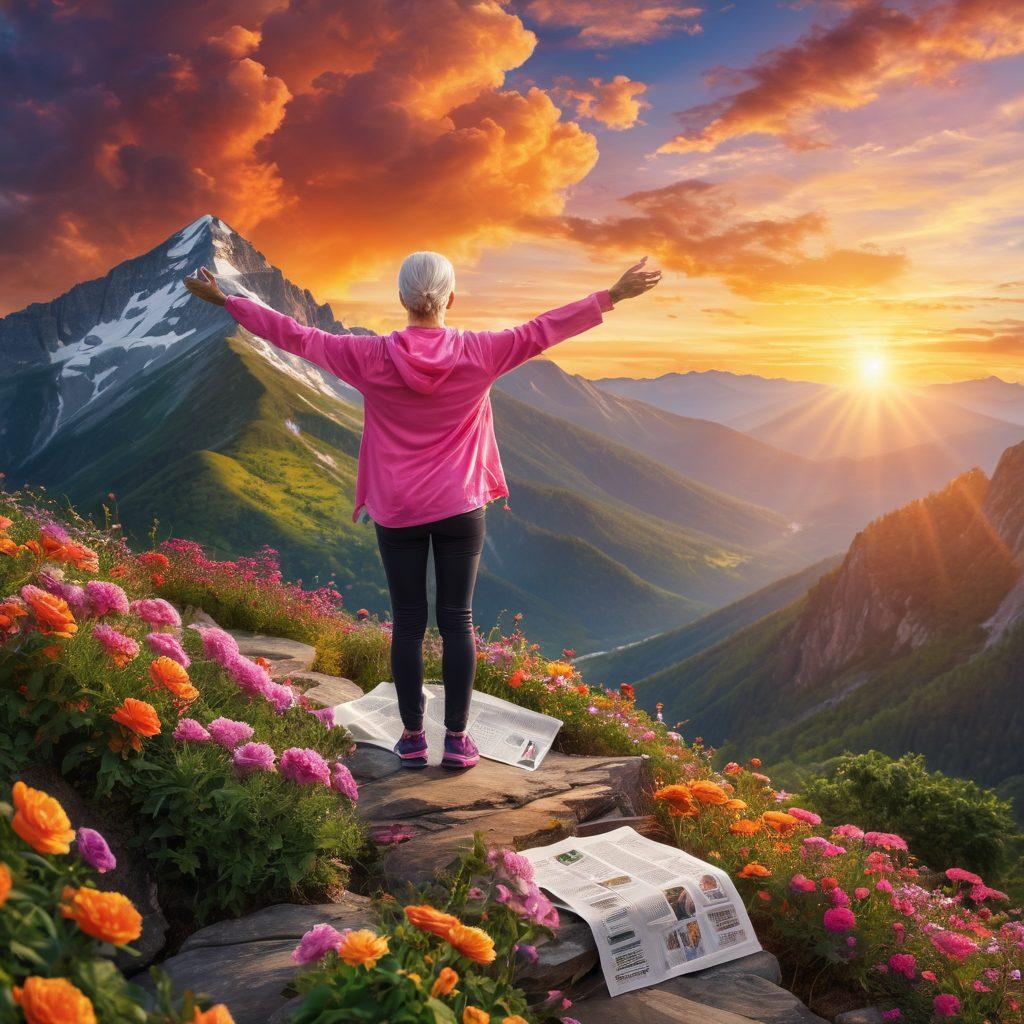 A strong and resilient cancer survivor standing triumphantly on a mountain peak, surrounded by lush greenery and a vibrant sunrise symbolizing hope. In the foreground, a collage of news articles, wellness strategies, and uplifting survivor stories are intertwined with blooming flowers and ribbons representing cancer awareness. The overall atmosphere is one of empowerment and positivity. super-realistic. vibrant colors. uplifting tone.